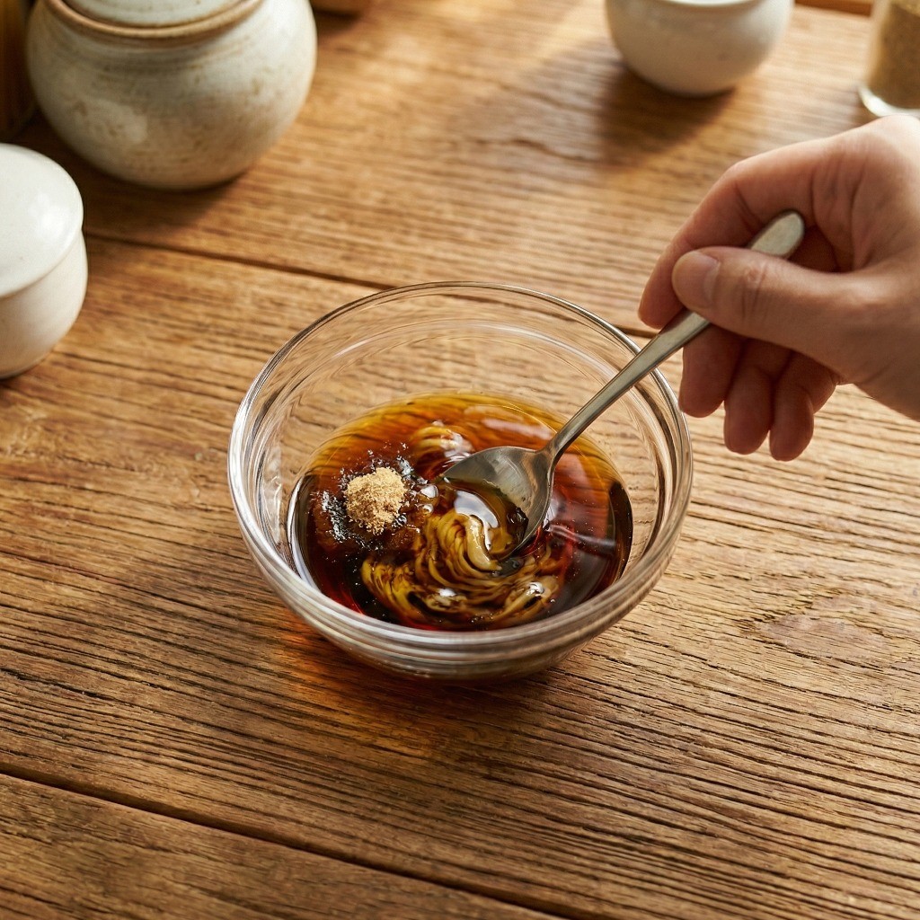 백종원 들기름 막국수 양념장 만들기 - 진간장, 들기름, 설탕 혼합 과정