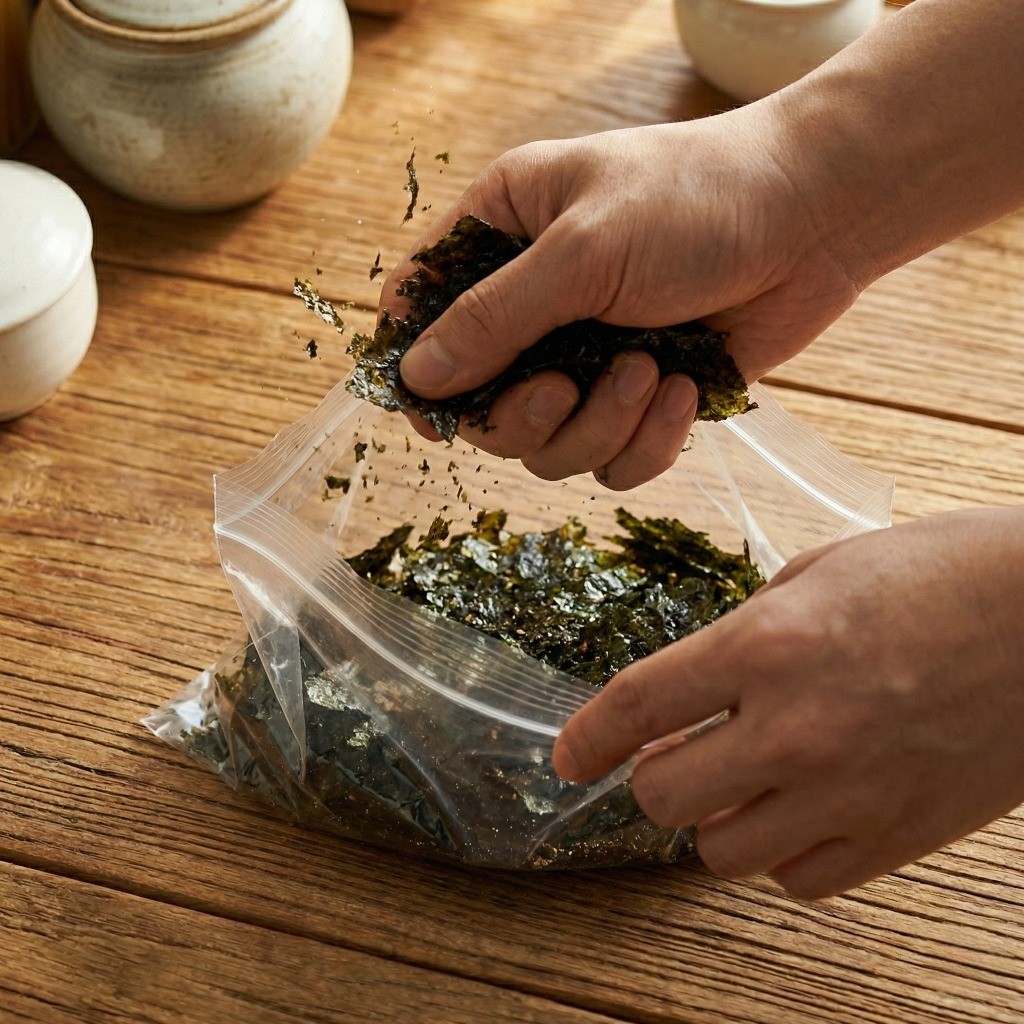 구운 생김을 비닐봉지에 넣고 부숴 고소한 김가루를 만드는 과정