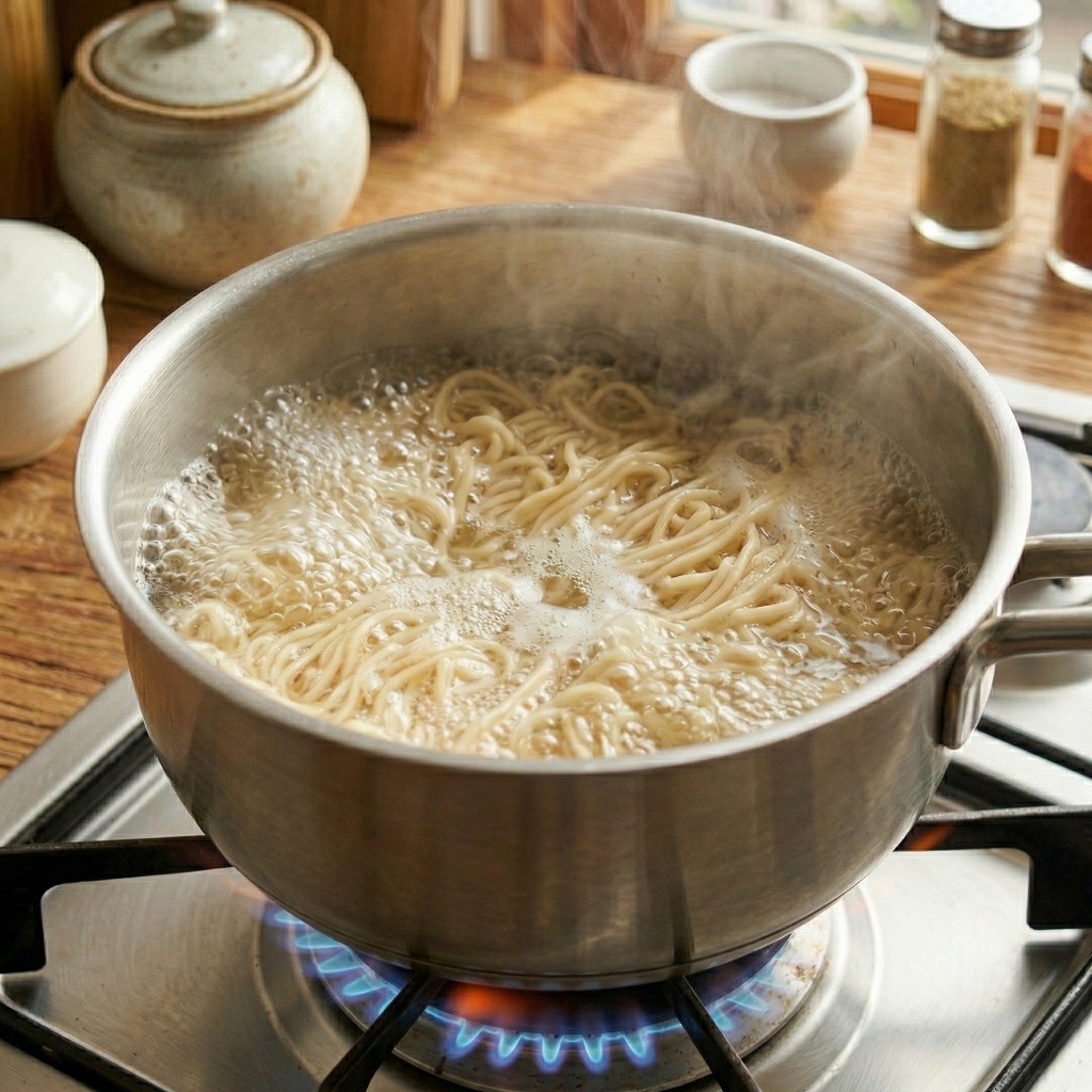 끓는 물에 라면사리를 푹 삶는 들기름 막국수 라면 조리 과정