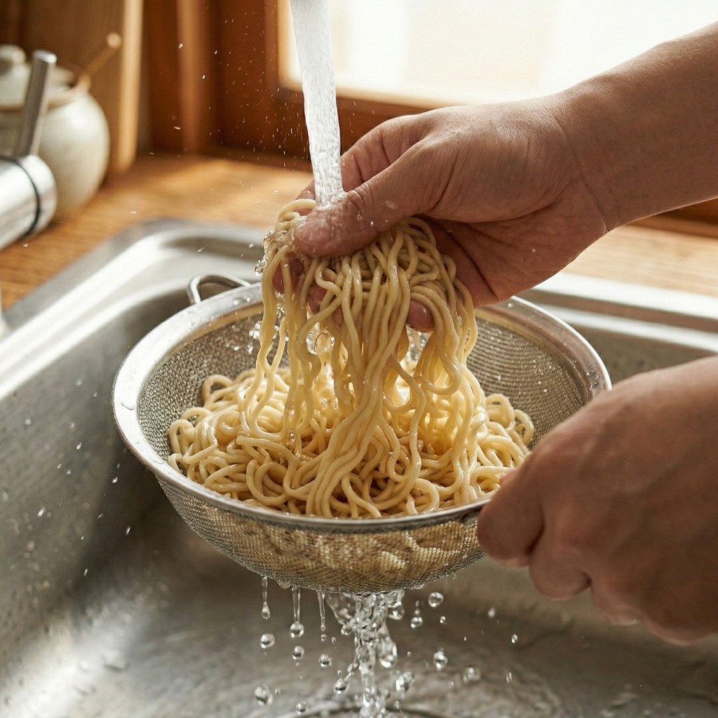 삶은 라면사리를 찬물에 헹구고 물기를 제거하여 쫄깃한 식감을 살리는 모습