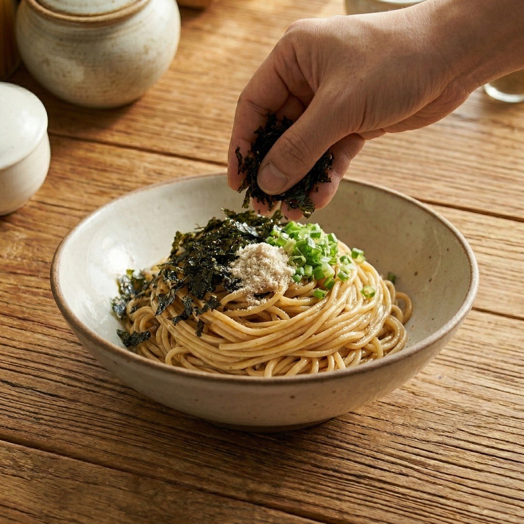 라면사리에 김가루, 탈피 들깨가루, 쪽파를 듬뿍 올린 백종원 들기름 막국수 라면 완성 플레이팅