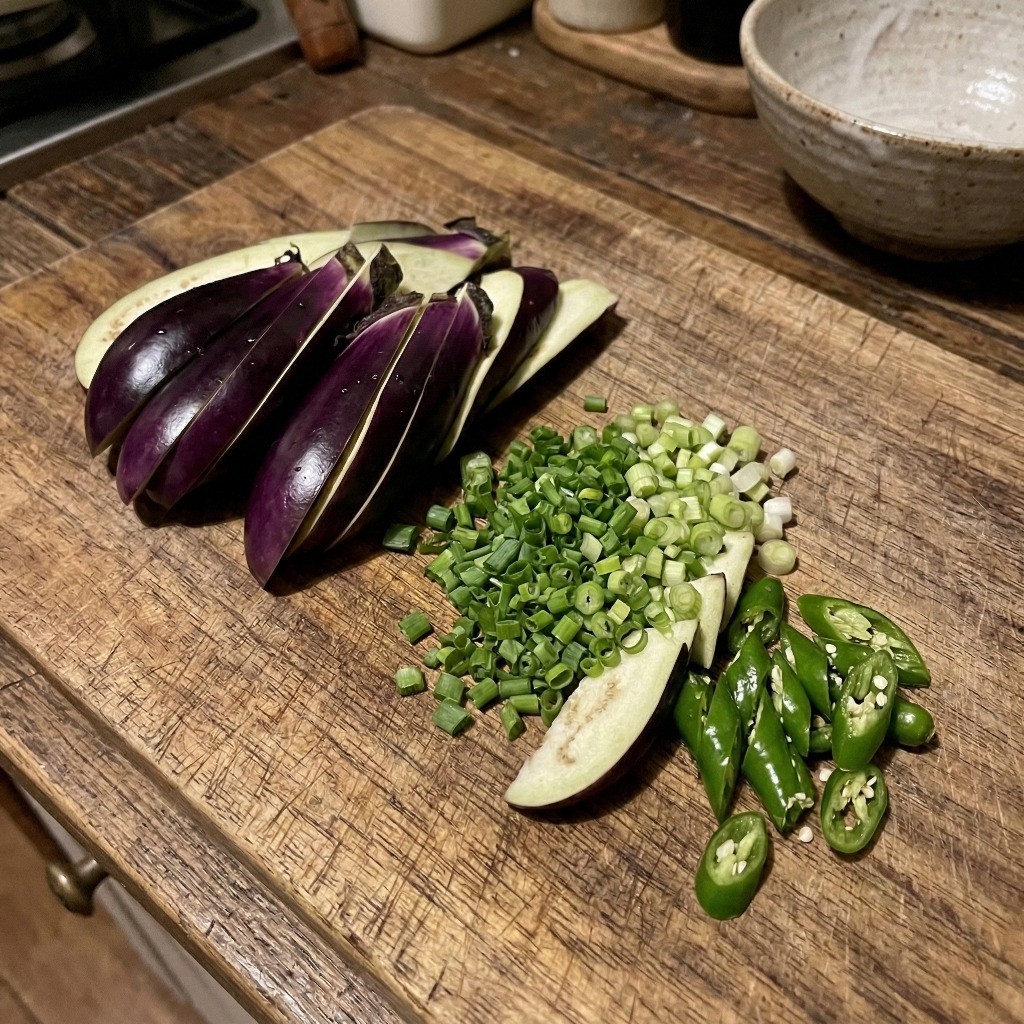 백종원 가지덮밥 재료 손질 - 도톰하게 어슷 썬 가지와 다진 대파, 청양고추