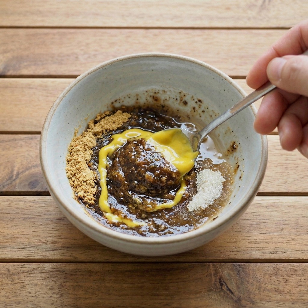 초계라면 육수 베이스 만들기 - 라면 분말스프, 식초, 연겨자, 설탕을 물 없이 걸쭉하게 섞는 모습