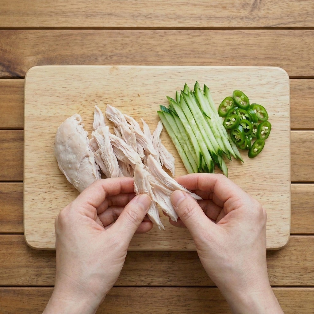초계라면 고명 재료 손질 - 결대로 찢은 조미 닭가슴살과 얇게 채 썬 오이, 송송 썰어낸 청양고추