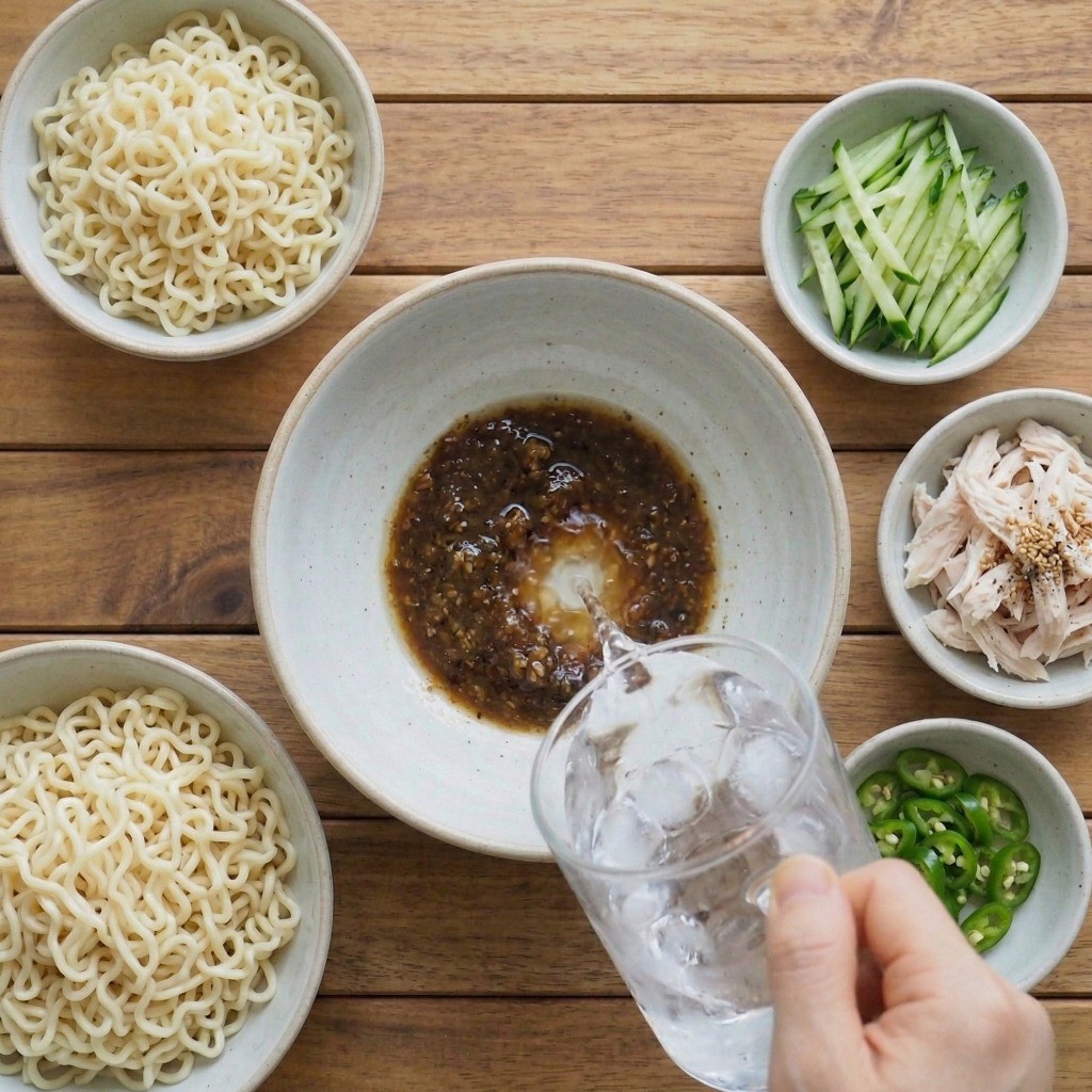 백종원 초계라면 최종 완성 그릇 세팅 - 시원한 새콤달콤 냉육수에 닭가슴살, 오이, 청양고추, 얼음 고명을 듬뿍 올린 여름철 별미