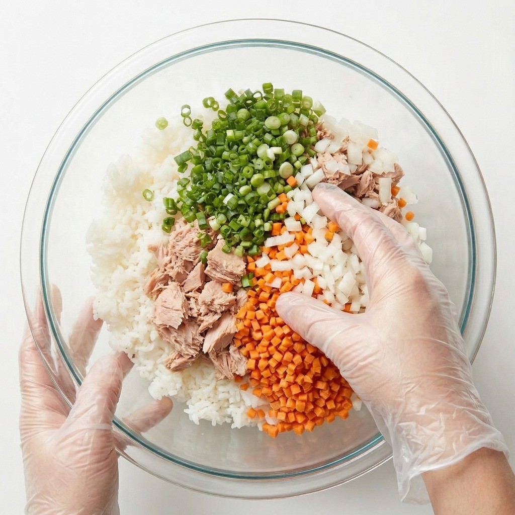 백종원 참치밥전 조리 2단계: 볼에 찬밥 1공기와 참치캔, 다진 채소를 몽땅 넣고 섞기