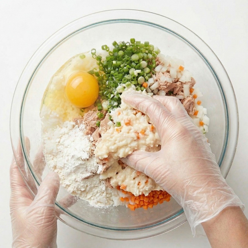 백종원 참치밥전 조리 3단계: 달걀과 부침가루를 넣어 참치밥전 반죽 농도 맞추기