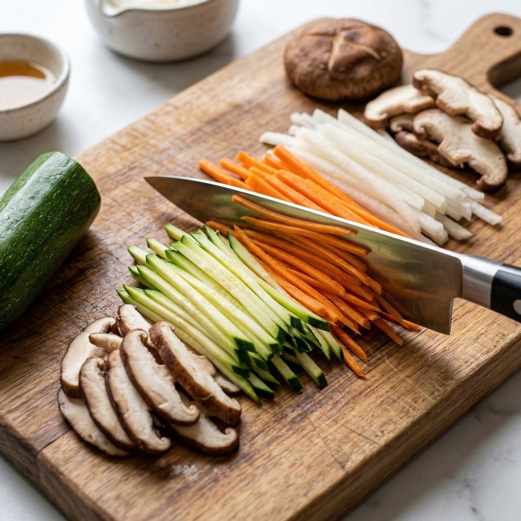 백종원 비빔밥 재료 손질 - 애호박, 당근, 무, 표고버섯 얇게 채썰기 과정