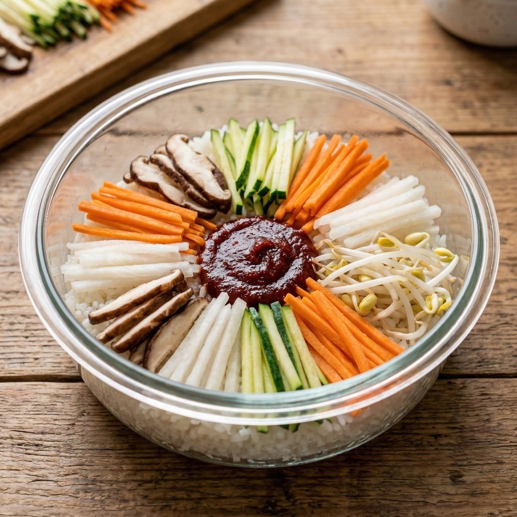 전자레인지용 내열 용기에 흰밥, 고추장, 채 썬 채소와 콩나물을 둥글게 담은 모습