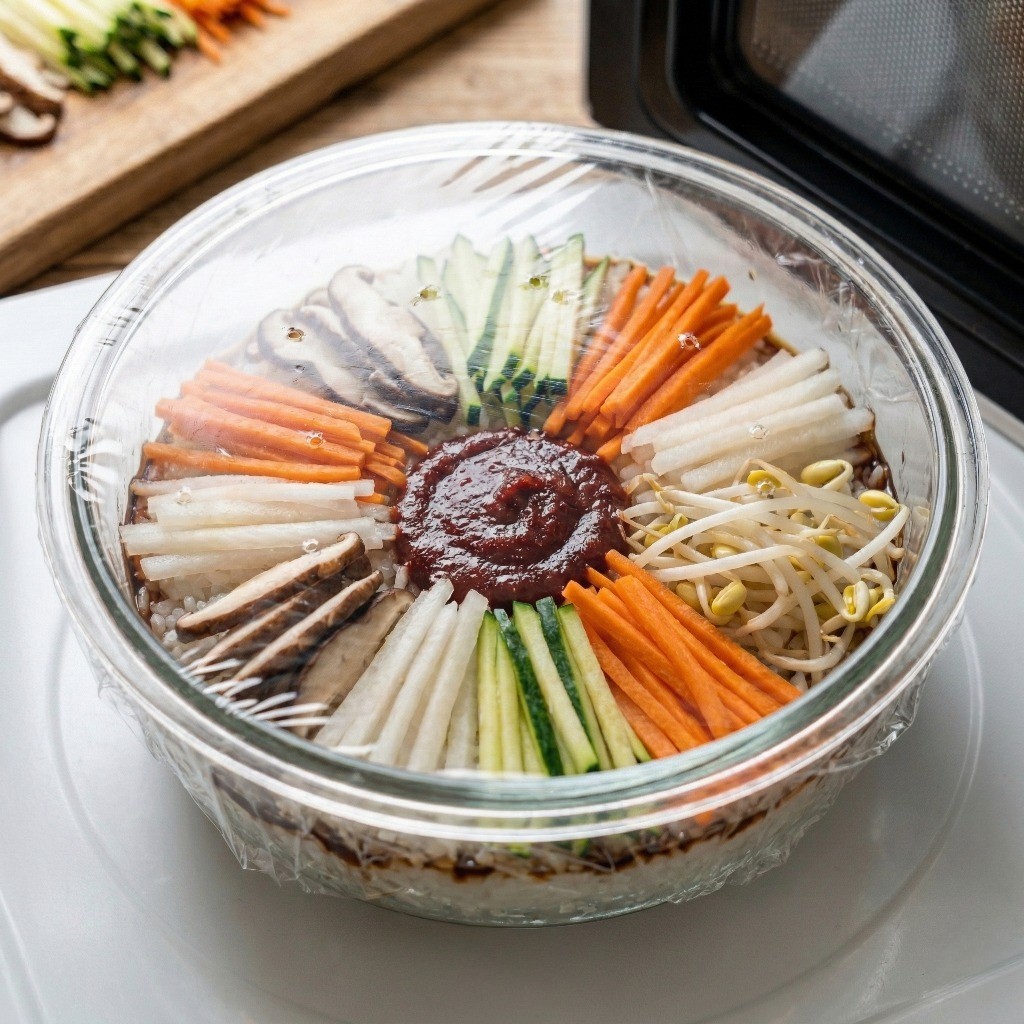 간장을 두르고 구멍 뚫은 랩을 씌워 전자레인지에 3분 30초 조리하는 모습