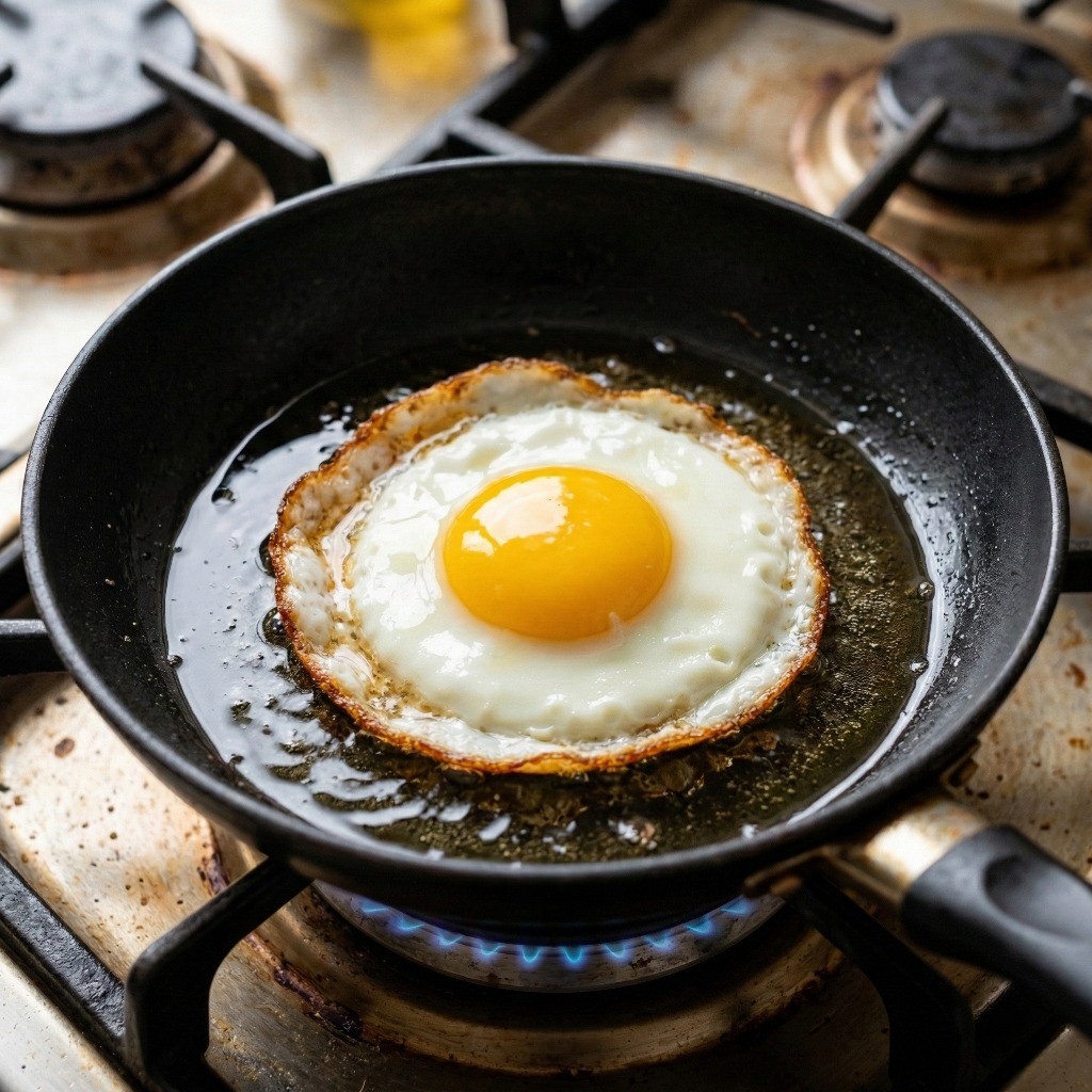 비빔밥용 반숙 달걀 프라이를 기름에 튀기듯 바삭하게 굽는 모습