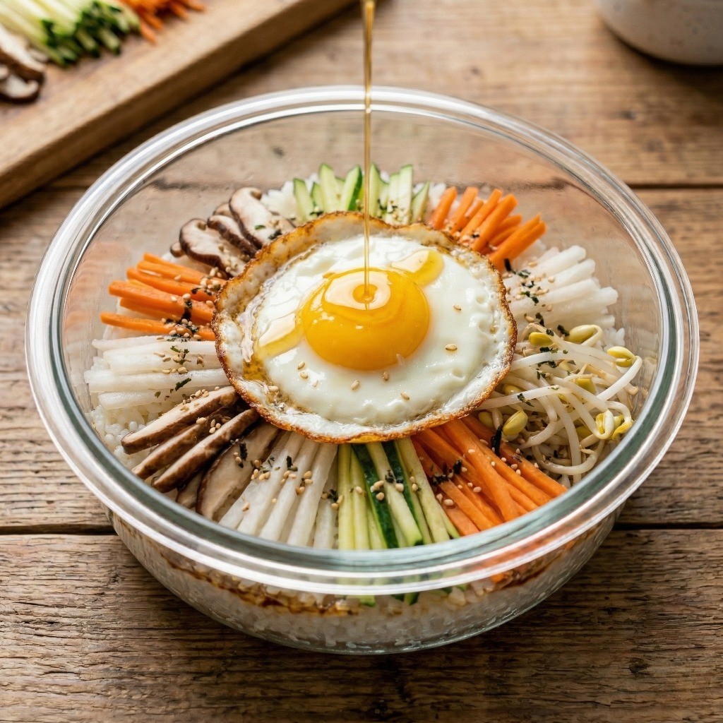 완성된 백종원 전자레인지 비빔밥에 달걀 프라이와 참기름을 얹어 맛있게 비비는 모습