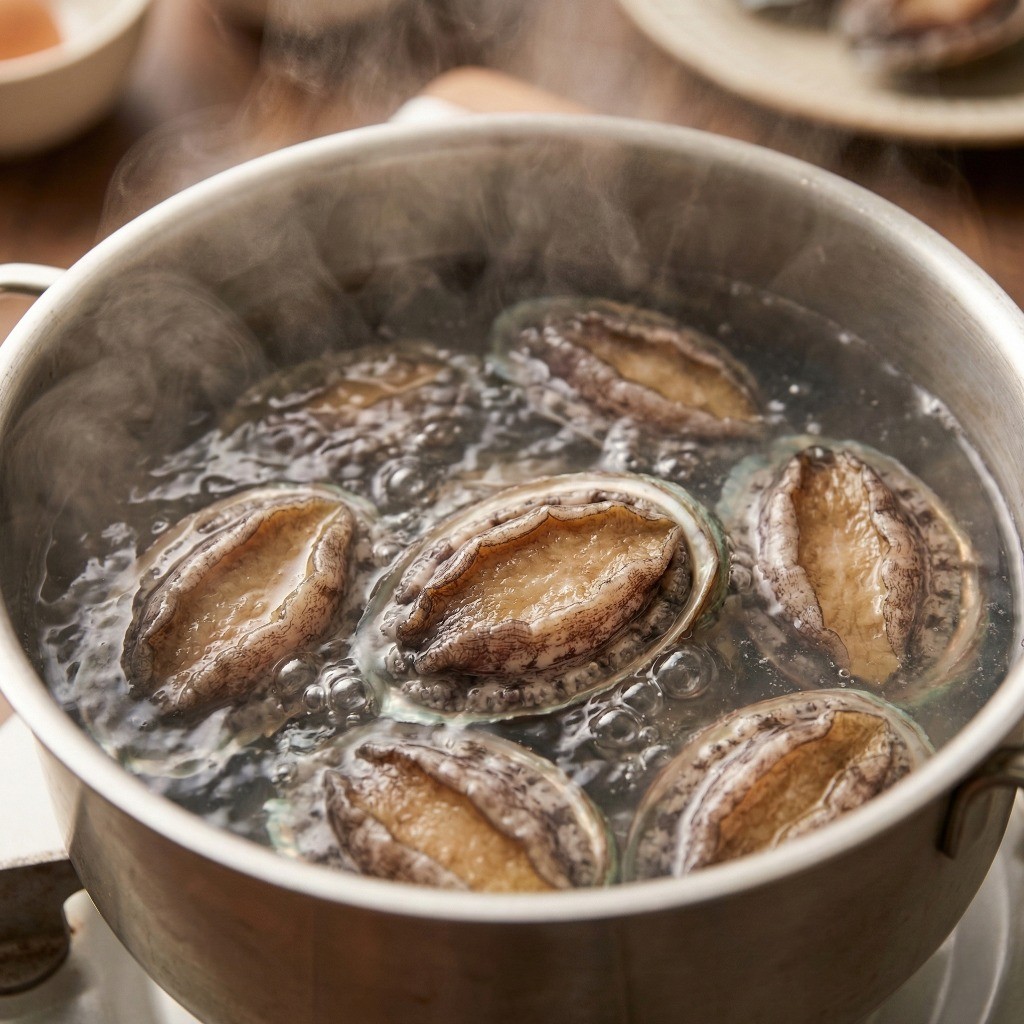 껍질 분리를 위해 끓는 물에 전복을 데치는 과정