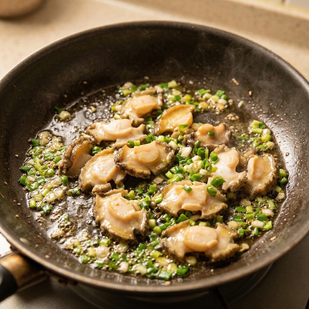 손질한 전복 살과 내장을 참기름에 고소하게 볶는 과정