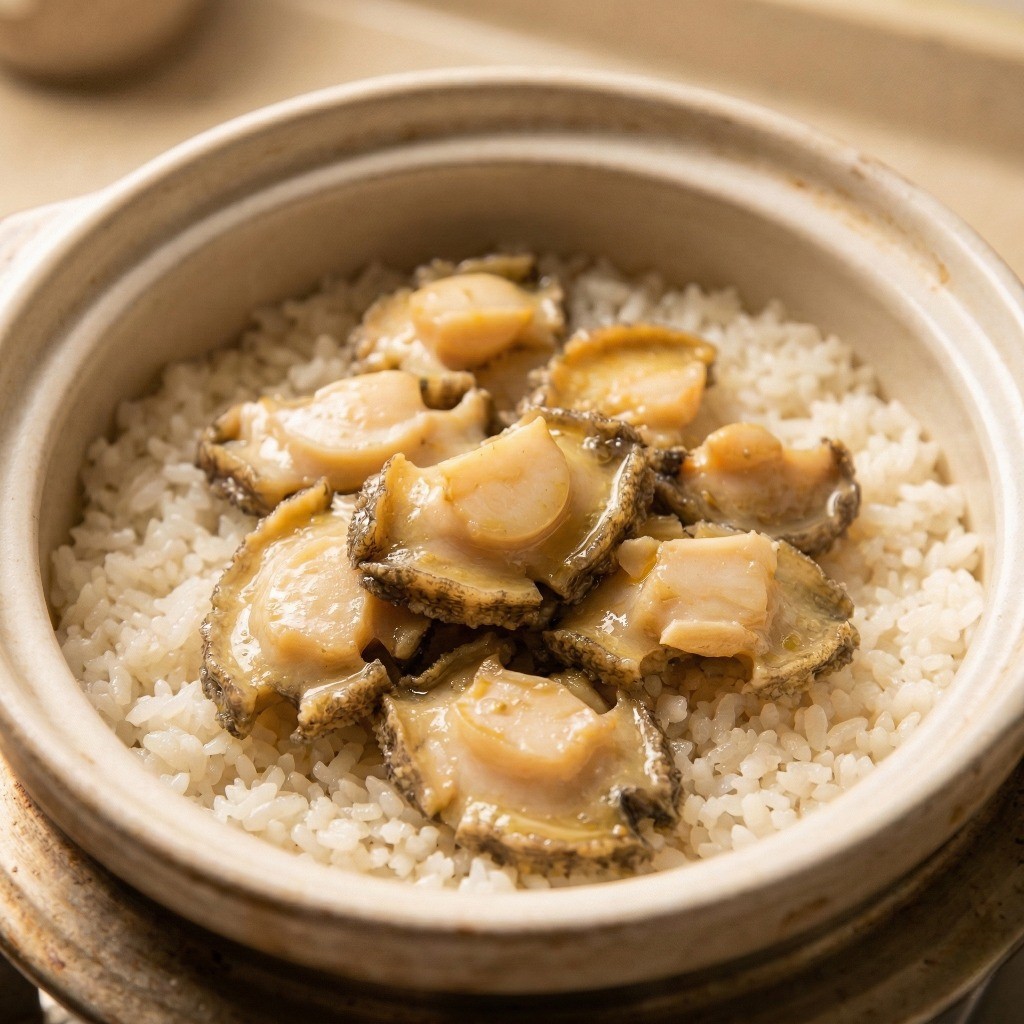 냄비 안의 밥 위에 볶은 전복과 내장을 올린 모습