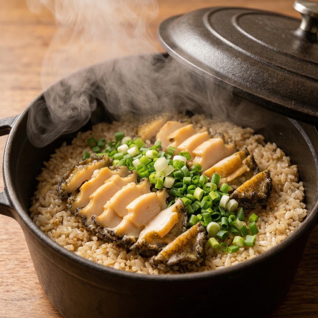 약불에서 뜸을 들여 완성된 먹음직스러운 전복 냄비밥