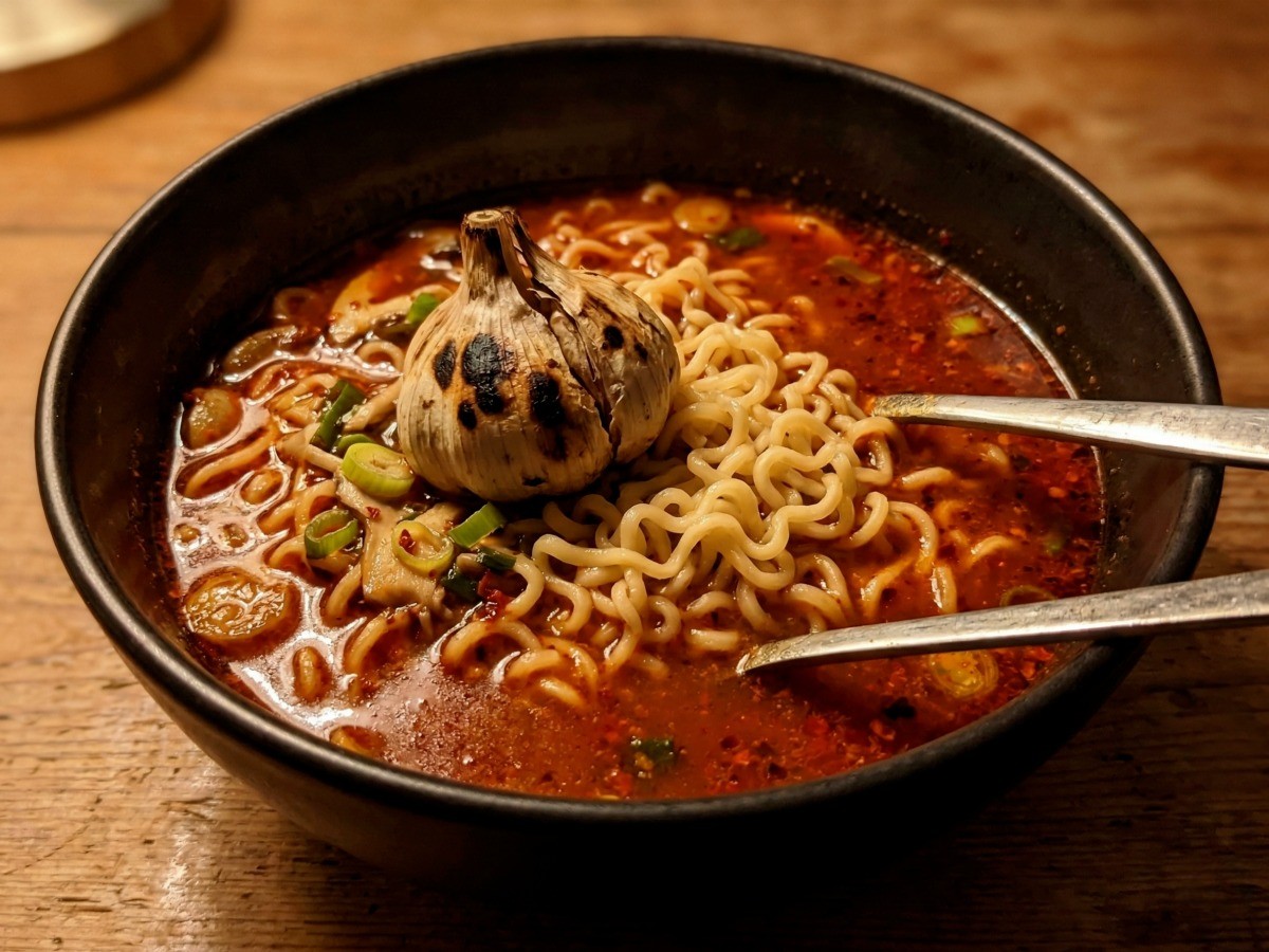 흑백요리사 안성재 셰프의 특별한 레시피로 끓인 구운 통마늘 라면 완성 이미지