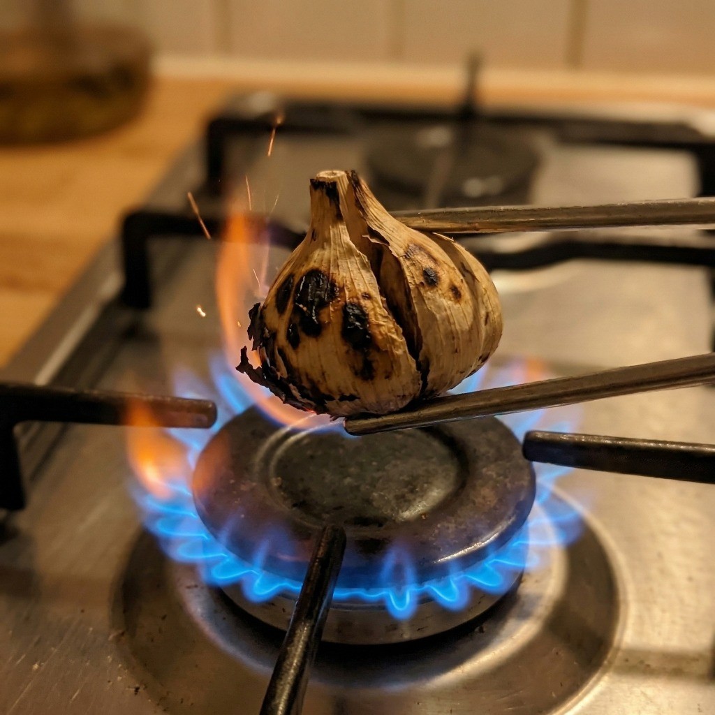 흑백요리사 안성재 라면 레시피 1단계: 껍질째 통마늘을 가스불에 직화로 굽는 모습
