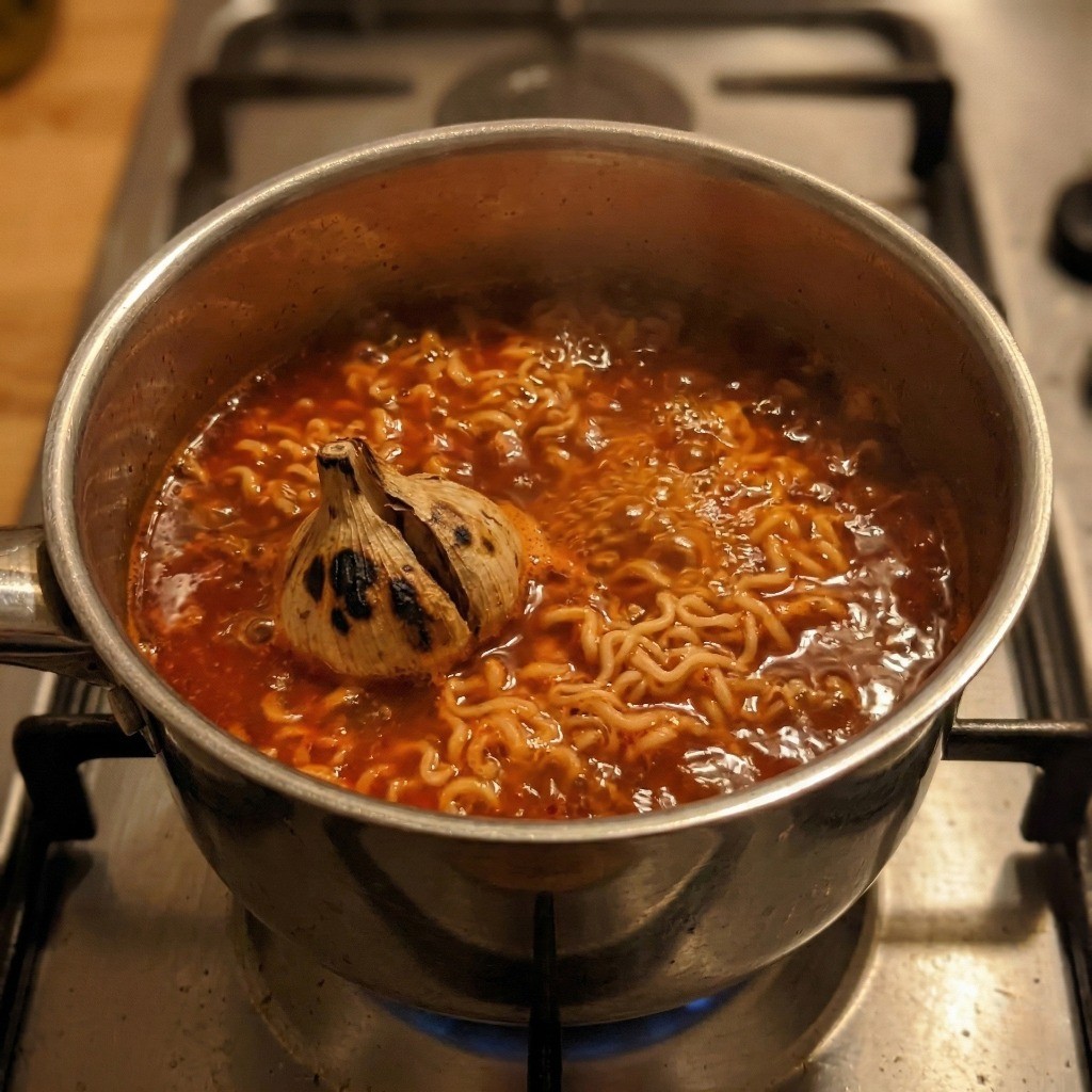 흑백요리사 안성재 라면 레시피 2단계: 냄비에 물, 라면 스프, 직화로 구운 마늘을 넣고 끓이는 과정