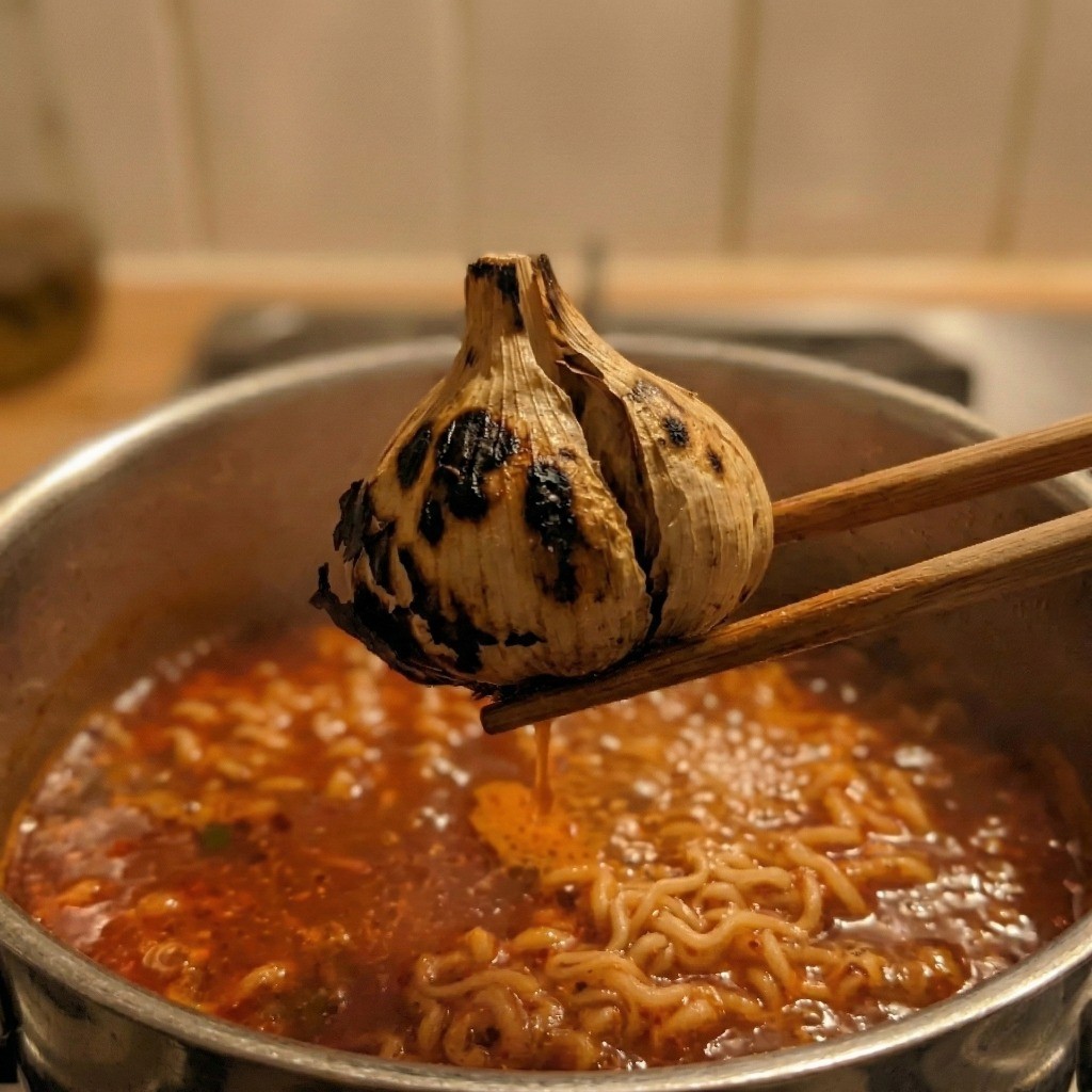 흑백요리사 안성재 라면 레시피 3단계: 맑고 깔끔한 국물을 위해 끓는 라면 국물에서 구운 통마늘을 건져내는 모습