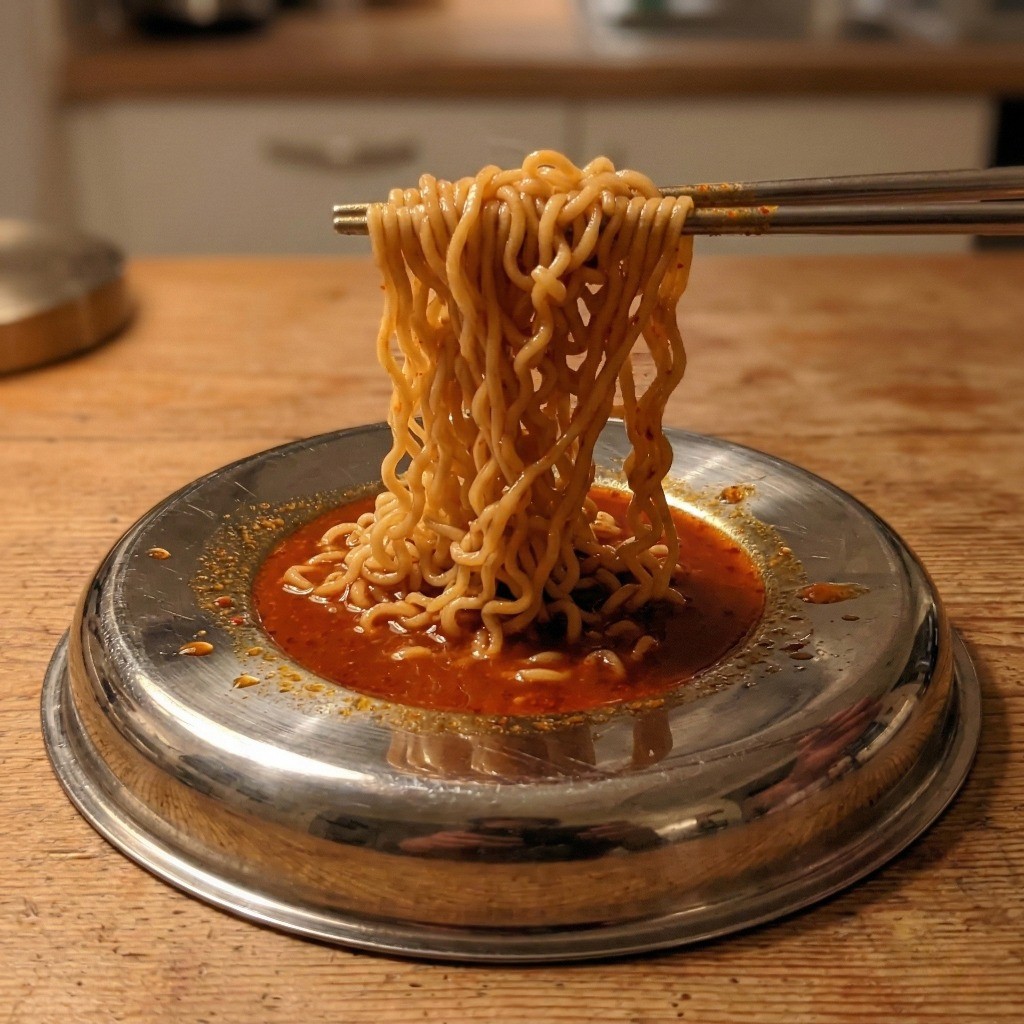 흑백요리사 안성재 라면 레시피 4단계: 꼬들꼬들하게 잘 익은 구운 마늘 라면을 냄비 뚜껑에 덜어 먹는 모습