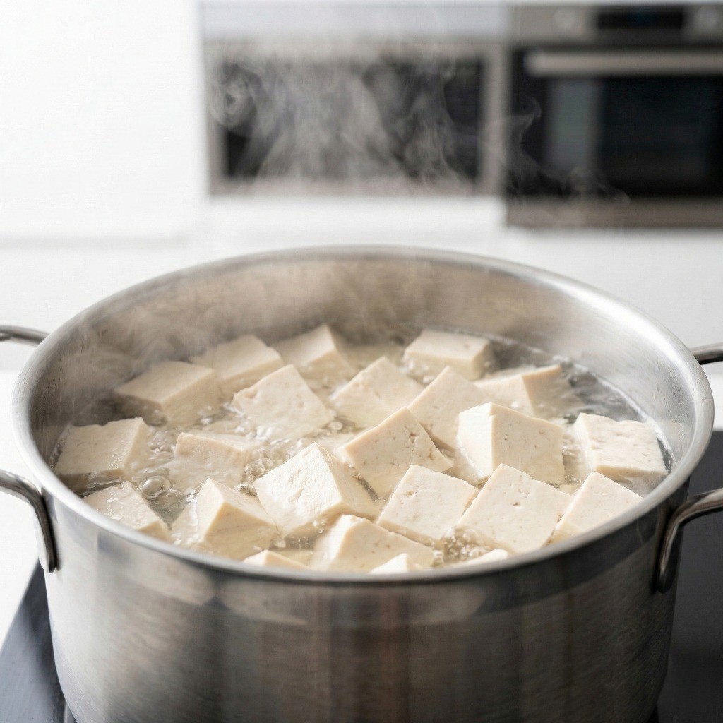마파두부 꿀팁: 깍둑썰기한 두부를 끓는 물에 살짝 데쳐 수분을 빼는 과정