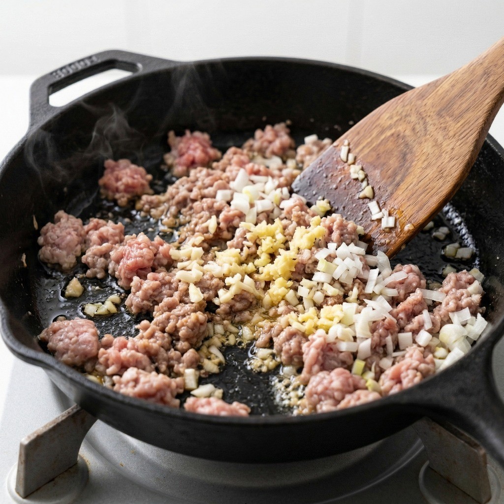마파두부 재료 볶기: 달군 팬에 다진 돼지고기, 흰 대파, 다진 마늘과 생강을 볶아 파기름과 육즙을 내는 모습