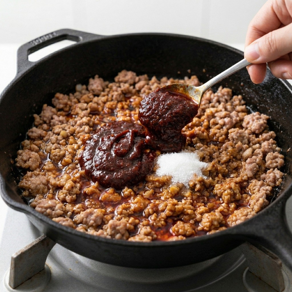 마파두부 핵심 양념: 볶은 고기에 두반장과 설탕을 넣어 짠맛을 잡고 감칠맛을 더하는 과정