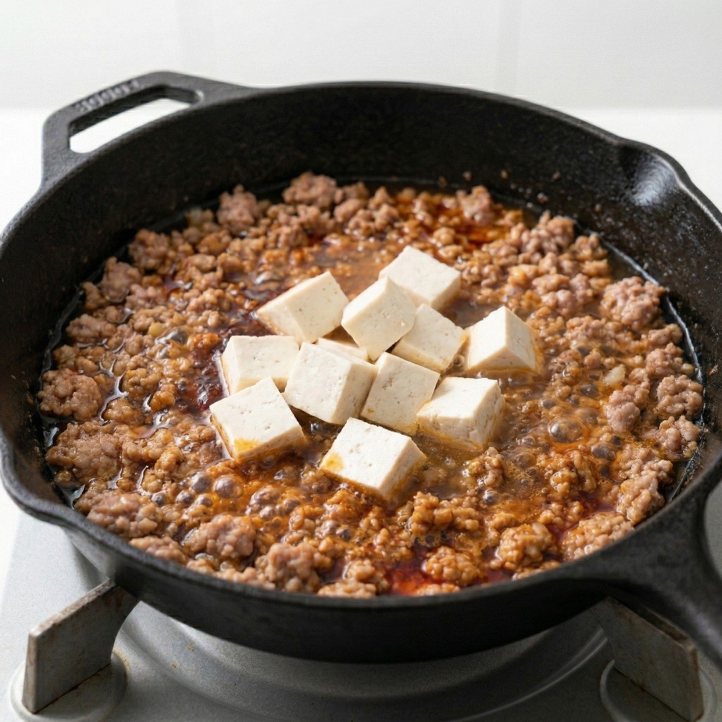 육수에 두부 넣고 끓이기: 맑은 육수를 붓고 데친 두부를 넣어 속까지 간이 배도록 끓이는 마파두부 조리 과정