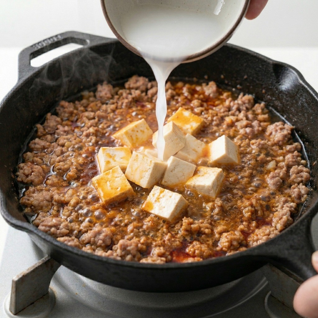 마파두부 농도 맞추기: 끓는 마파두부에 전분물을 조금씩 두르고 팬을 흔들어 윤기나고 걸쭉하게 마무리하는 모습