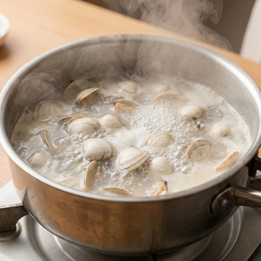 마늘 봉골레 수제비 만들기 2단계: 백합과 바지락을 끓여 뽀얀 조개 육수를 우려내는 모습