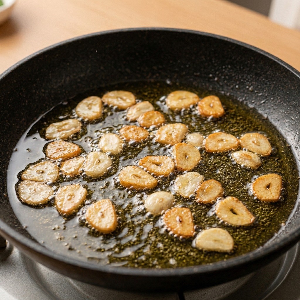 마늘 봉골레 수제비 만들기 3단계: 프라이팬에 올리브오일을 두르고 마늘을 노릇하게 볶아 풍미를 내는 과정