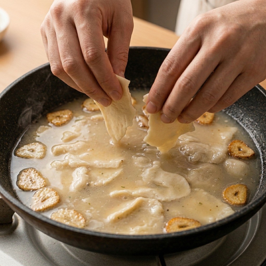 마늘 봉골레 수제비 만들기 4단계: 끓는 조개 육수에 쫄깃한 수제비 반죽을 얇고 불규칙하게 떼어 넣는 모습