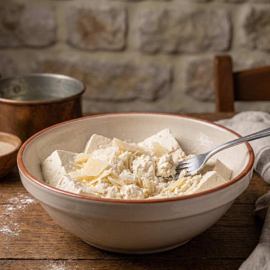 으깬 두부와 파르미자노, 페코리노, 프로볼로네 치즈를 섞어 완성한 짭짤하고 고소한 두부 치즈 소