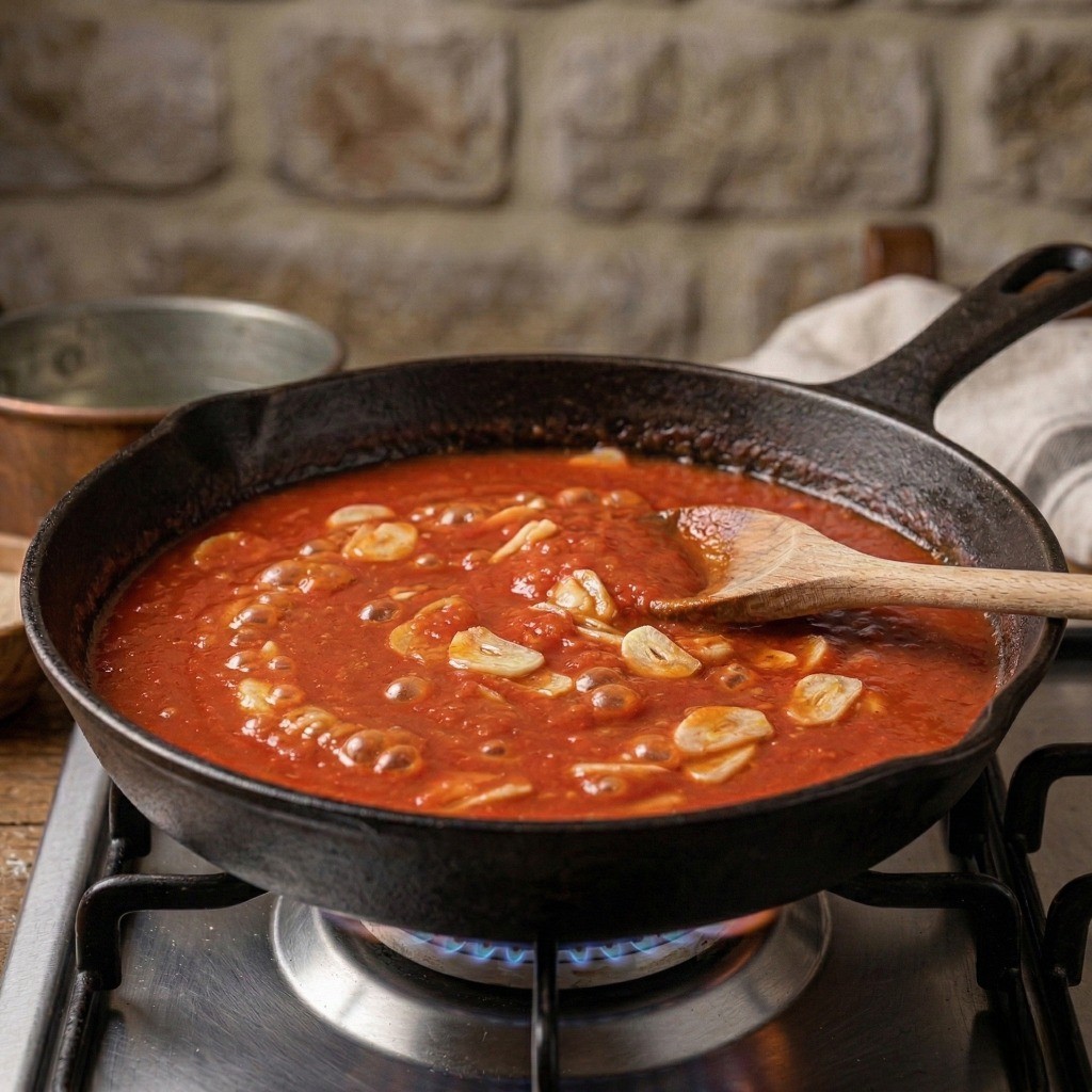 냄비에 마늘과 토마토 퓌레를 넣고 약불에서 은은하게 끓여내는 마리나라 소스 조리 과정