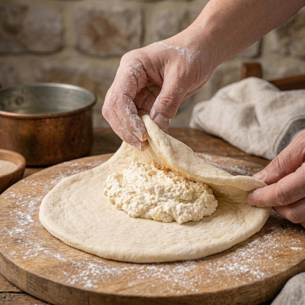 넓게 편 피자 반죽 중앙에 두부 치즈 소를 듬뿍 넣고 터지지 않게 반달 모양으로 밀봉하는 모습