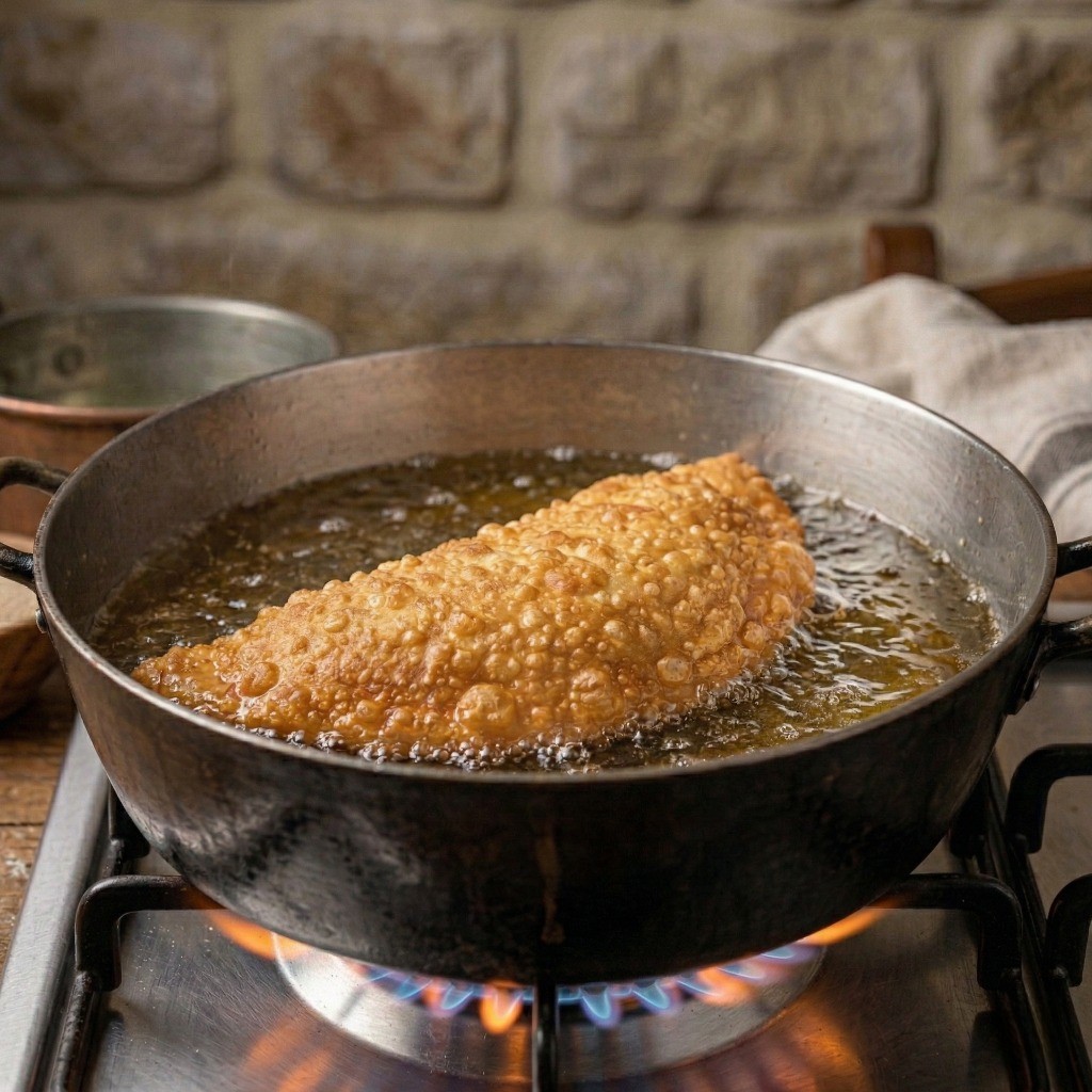 140도의 약간 낮은 온도 기름에서 표면이 우글우글해질 때까지 노릇하게 튀겨지는 피자 프리타