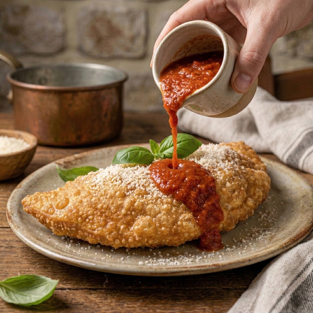 바삭하게 튀겨진 피자 위에 붉은 마리나라 소스, 눈꽃 치즈, 신선한 바질을 올린 먹음직스러운 플레이팅