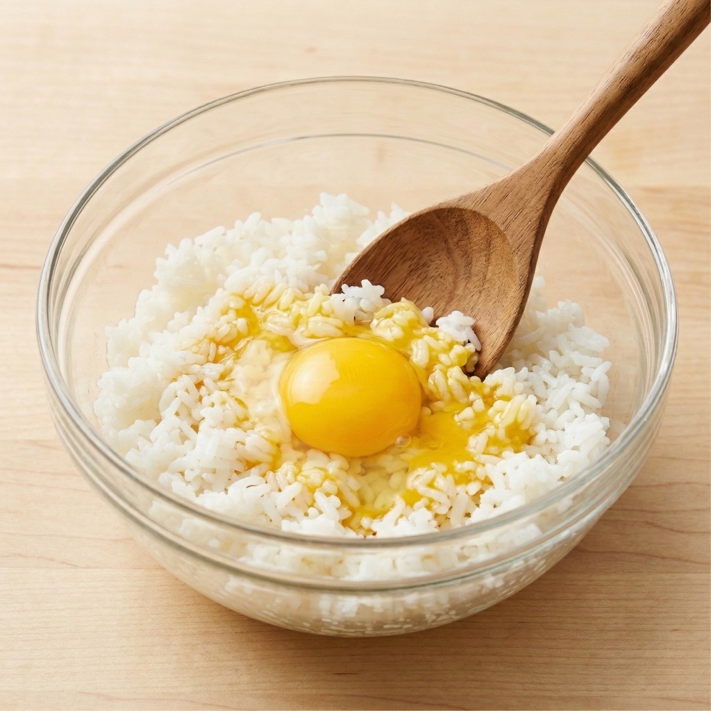 트리플스타 볶음밥 레시피 2단계: 찬밥에 날계란을 넣고 밥알을 코팅하는 과정