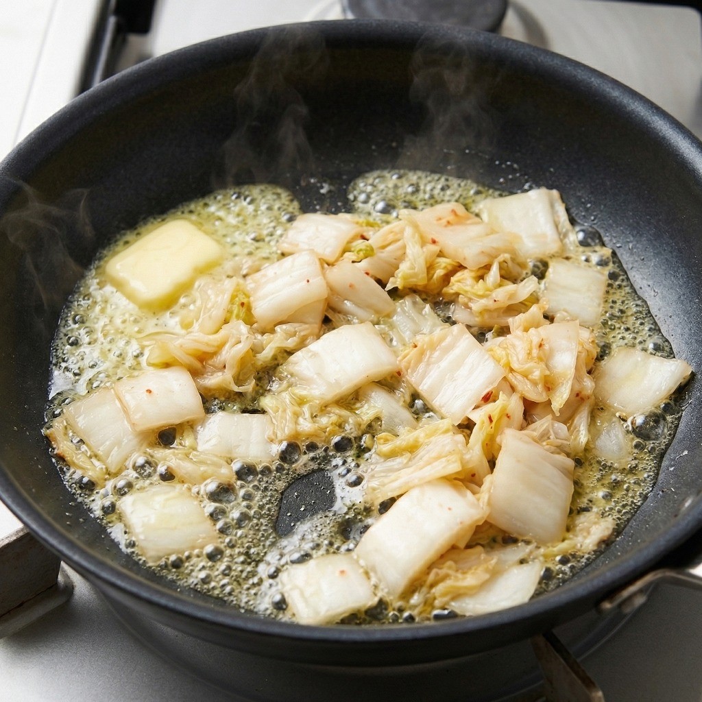 트리플스타 볶음밥 레시피 3단계: 뜨거운 프라이팬에 버터를 녹이고 잘게 썬 백김치를 볶는 모습