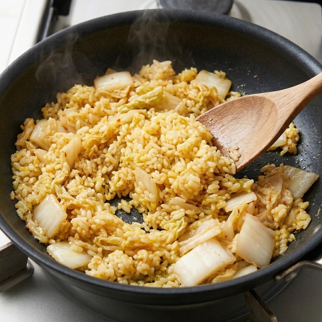 트리플스타 볶음밥 레시피 4단계: 계란 코팅된 밥을 프라이팬에 넣고 고슬고슬하게 볶는 과정