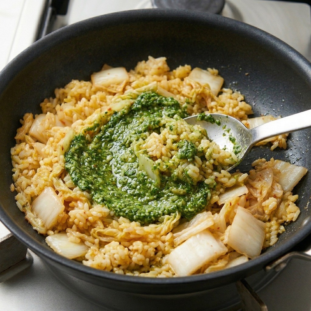 트리플스타 볶음밥 레시피 5단계: 불을 끄고 만들어둔 허브 페스토를 볶음밥에 섞는 모습