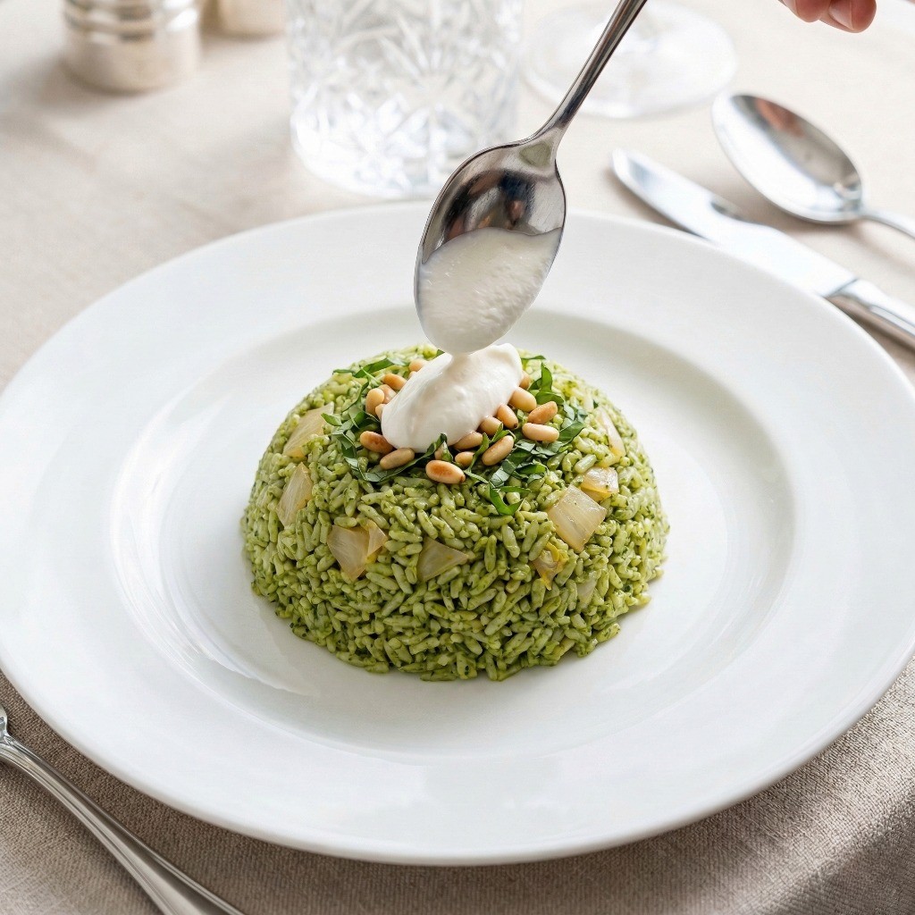파인다이닝 스타일 완성: 트리플스타 허브 페스토 볶음밥 위에 사워크림을 얹은 완성 플레이팅 사진