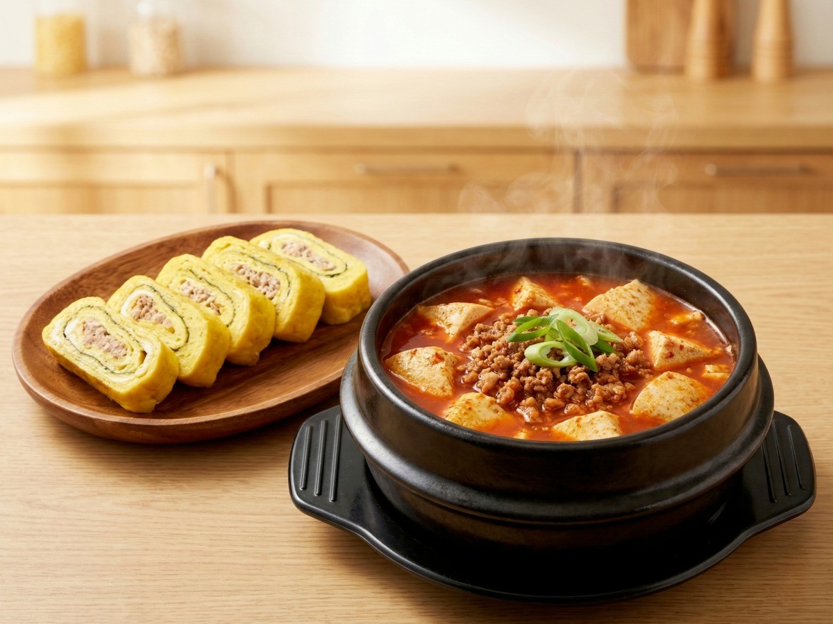 흑백요리사 급식대가 이영숙 셰프의 고기 순두부찌개와 계란말이 완성 상차림