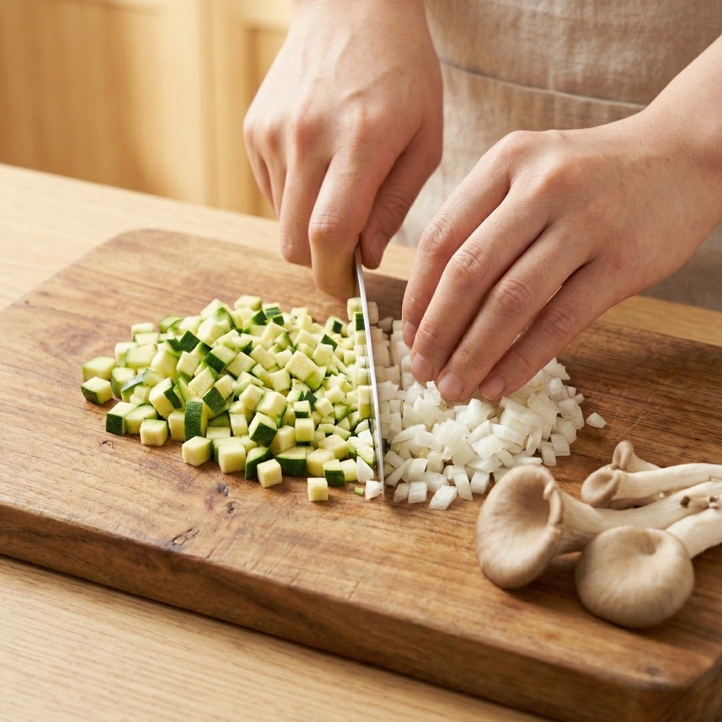 순두부찌개에 들어갈 애호박과 양파를 아이들이 먹기 좋게 잘게 손질하는 모습