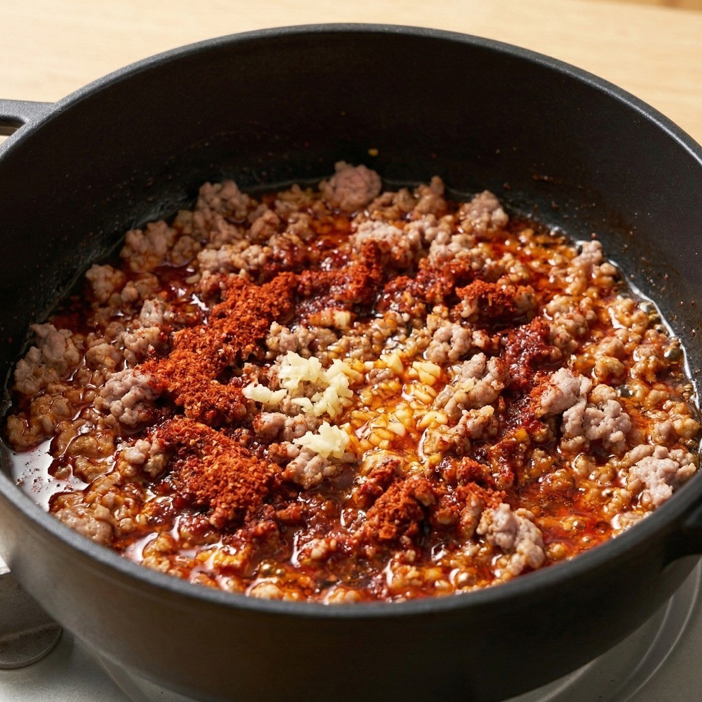 다진 돼지고기와 고춧가루를 볶아 풍미 가득한 고추기름을 내는 조리 단계