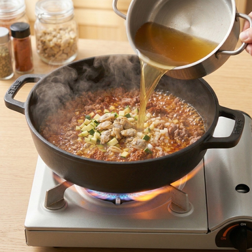 볶은 고기 양념에 멸치 육수를 붓고 손질한 채소와 조개살을 추가하는 과정