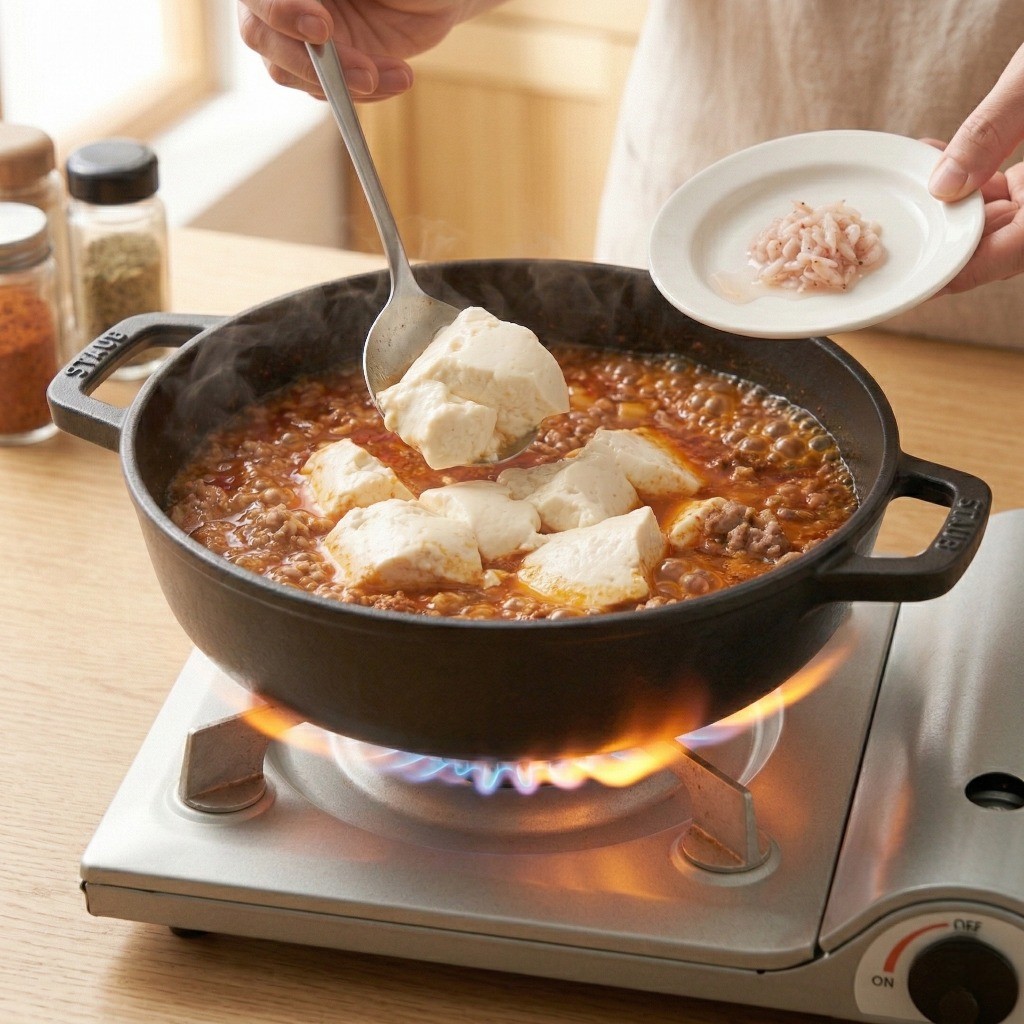 보글보글 끓는 찌개에 순두부를 넣고 새우젓으로 간을 맞추는 순두부찌개 완성 단계