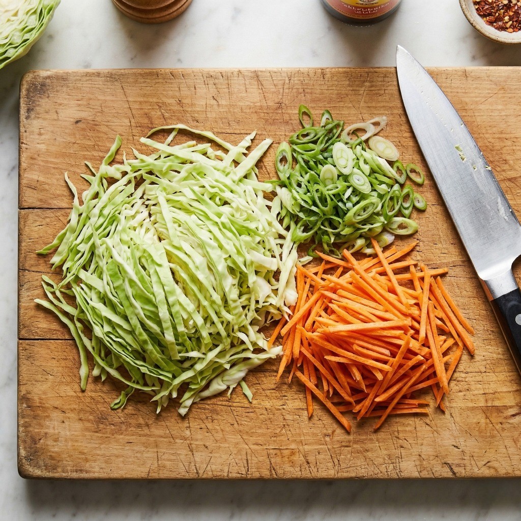 백종원 양배추전 레시피 1단계: 다이어트 식단을 위한 양배추, 대파, 당근 채썰기 손질 모습