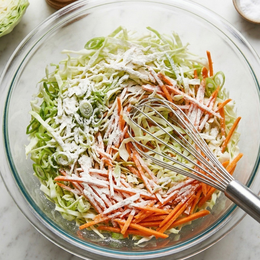 백종원 양배추전 레시피 2단계: 손질한 채소에 소금과 튀김가루를 넣고 얇게 코팅하는 과정